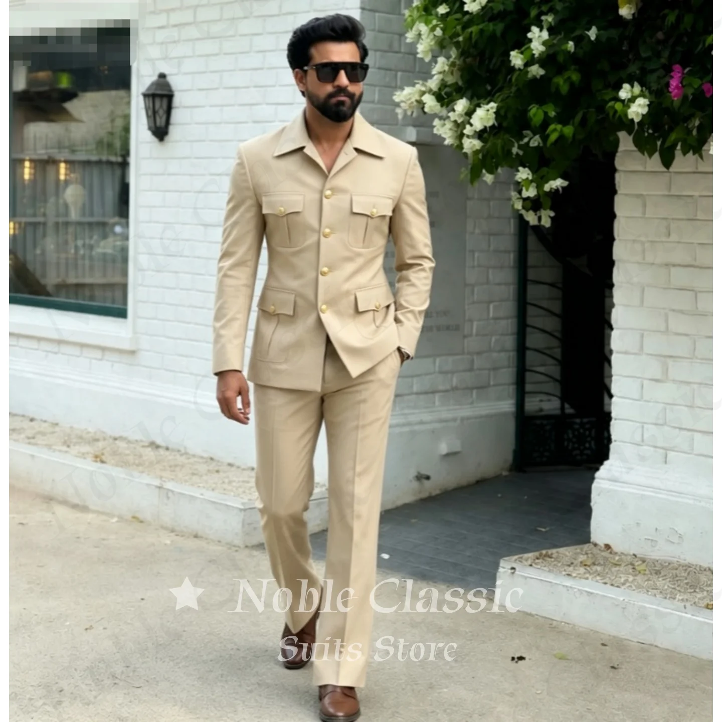 Traje de safari caqui de 2 piezas para hombre, con cuatro bolsillos cargo, botones dorados, corte ajustado, blazer y pantalón, ideal para invitados de boda, formal, personalizado.