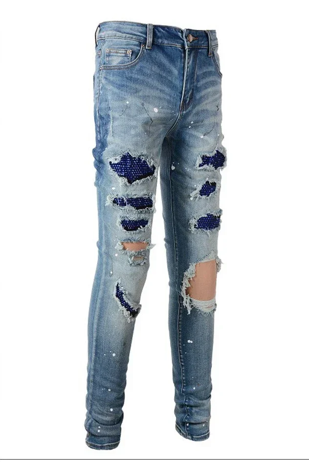 Jeans da uomo con diamanti Pantaloni a matita Pantaloni skinny in denim con foro a vita media effetto consumato Autunno Streetwear Denim alla caviglia vintage