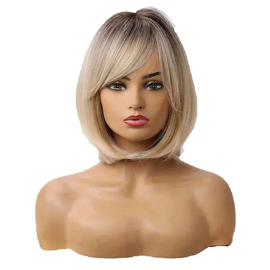 Haircube Natural Short Bob Wig Straight Omber Brown with Bangs for Women Hair Extensions
