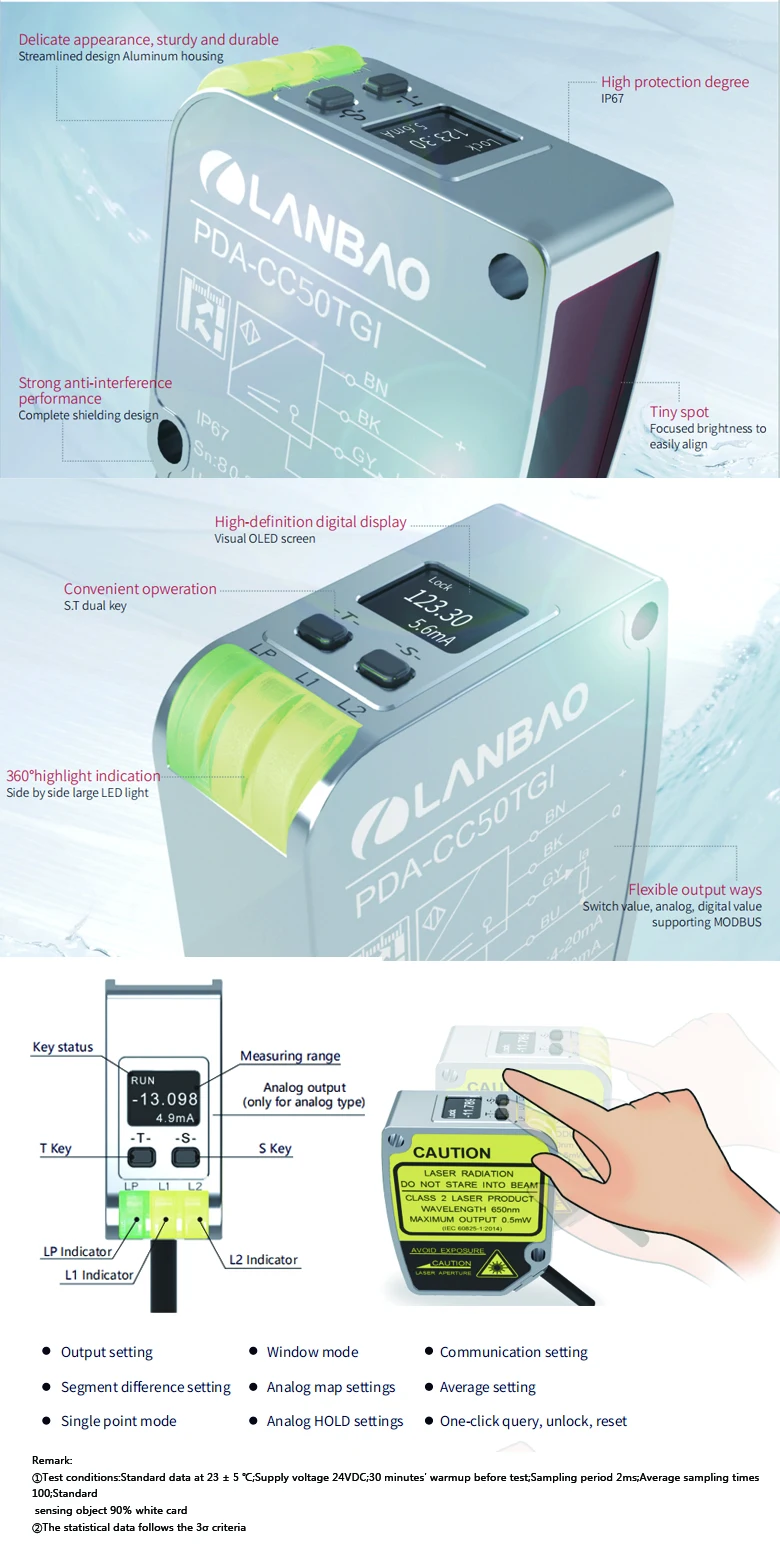High Precision Laser Ranging Measuring Range 30...100mm 4...20ma 12-24vdc Laser Measuring Sensor