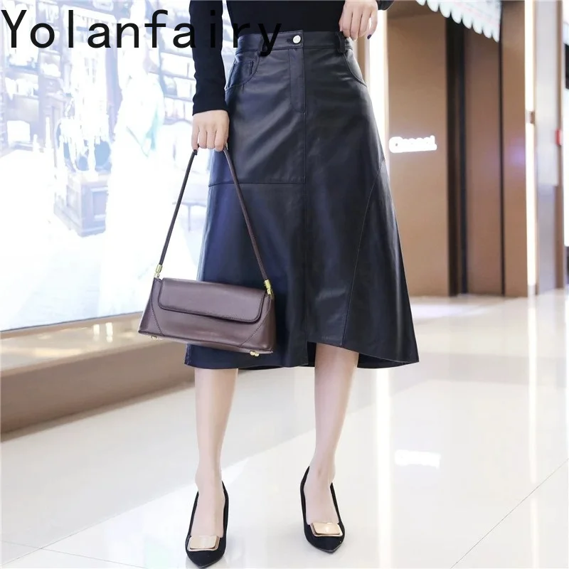 YOLANFAIRY Autumn Women Real Sheepskin Leather Skirt Women A Line Skirt Genuine Leather Black Skirts High Waist Irregular Hem