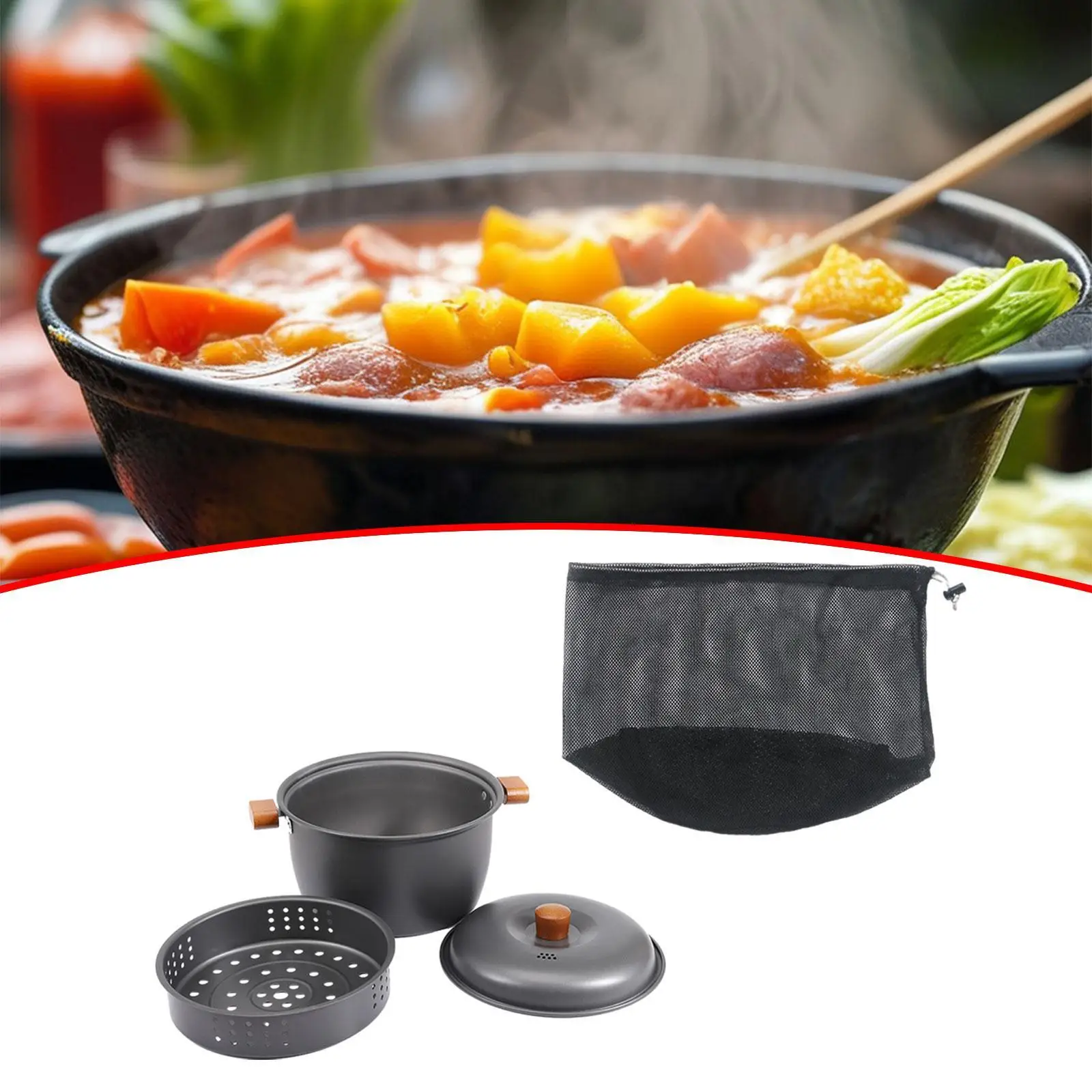 Camping Soup Pot Cooking Pot Cookware Compact Accessories Aluminum with Steamer Cooking Utensils for Outdoor Sports Travel