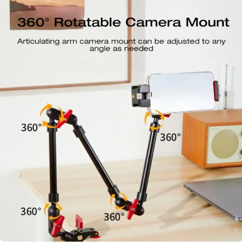 31in Adjustable Articulating Arm with 1/4in 3/8in Thread Articulating Arm Camera Mount 360 Degree Rotation for Camera Phone