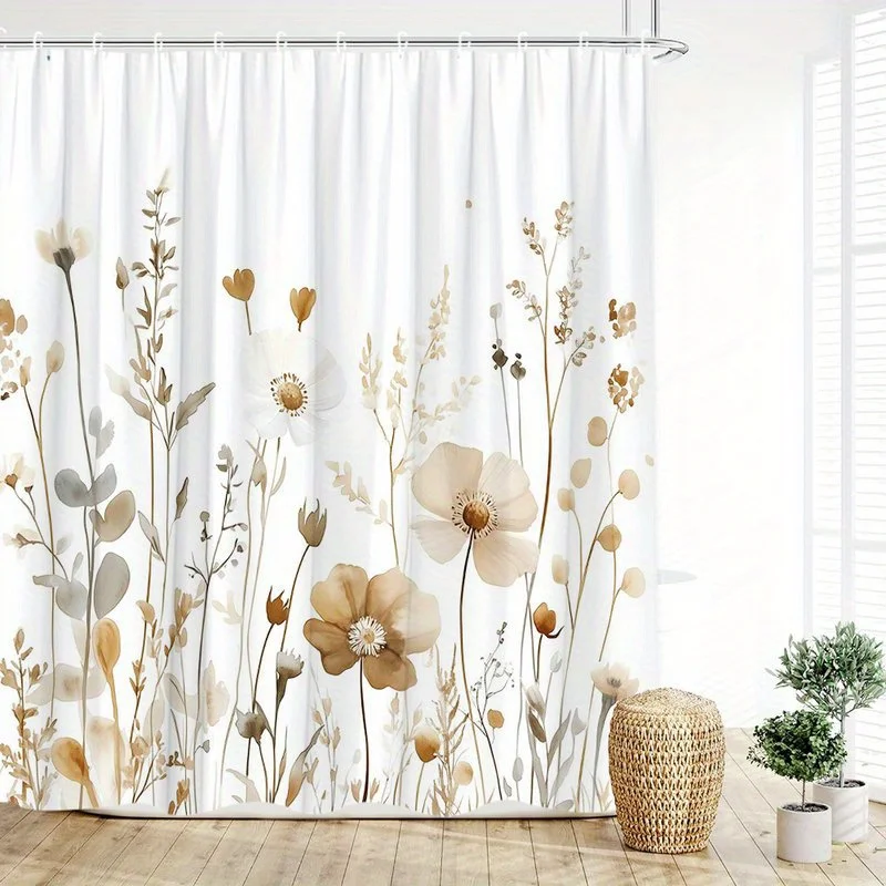 1pc wildflower field pattern shower curtain, polyester fabric, machine washable, with hooks, suitable for bathroom decoration