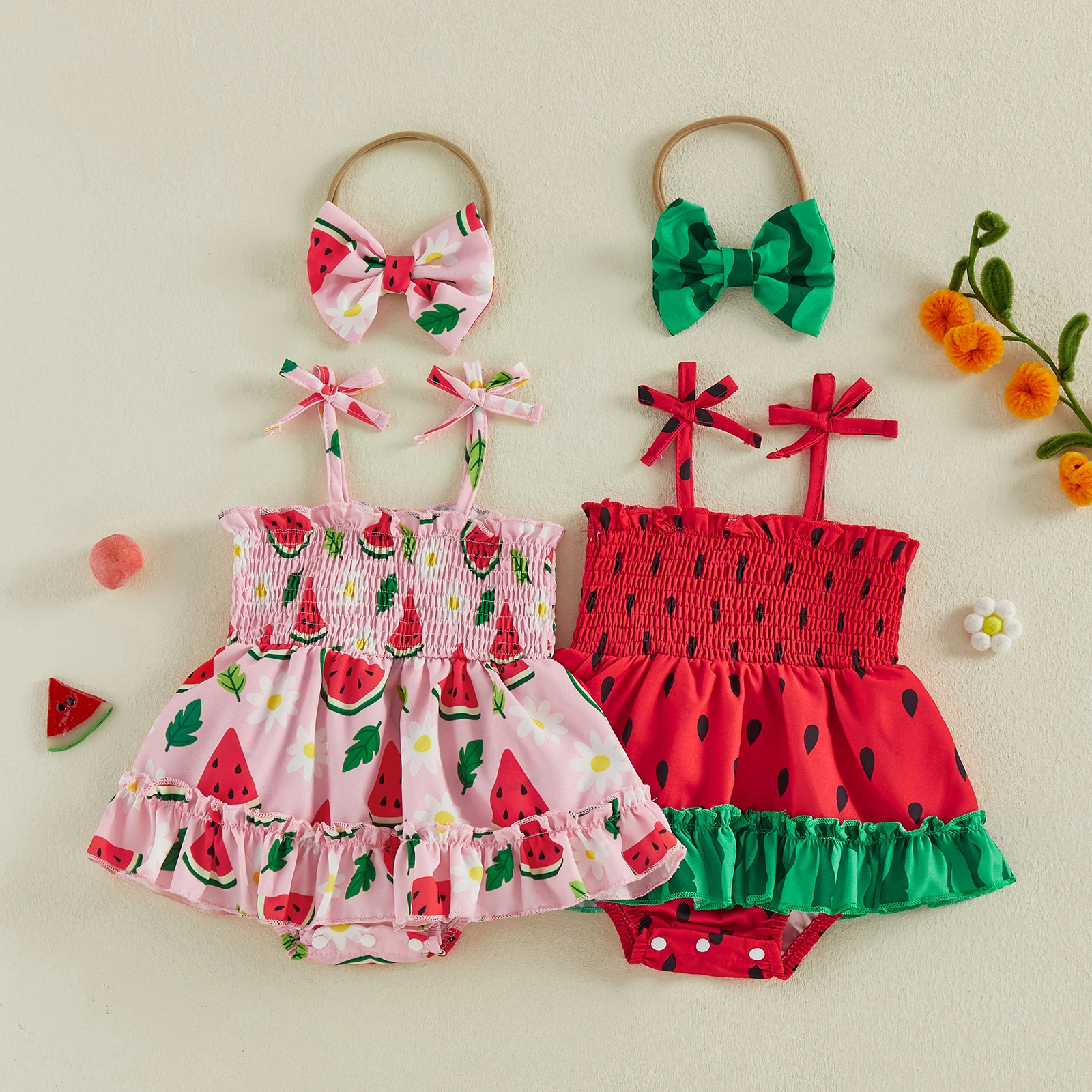 Baby Girl Watermelon Outfit Tie Shoulder Smocked Romper Dress and Bow Headband 2 Piece Summer Set 0-18M