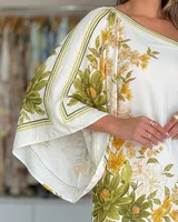 Robe Courte Asymétrique à Manches Chauve-Souris pour Femme, Élégante, Imprimé Floral Jaune, en Satin, Idéale pour les Vacances d'Été, la Plage et les Soirées, Coupe Moulante 2