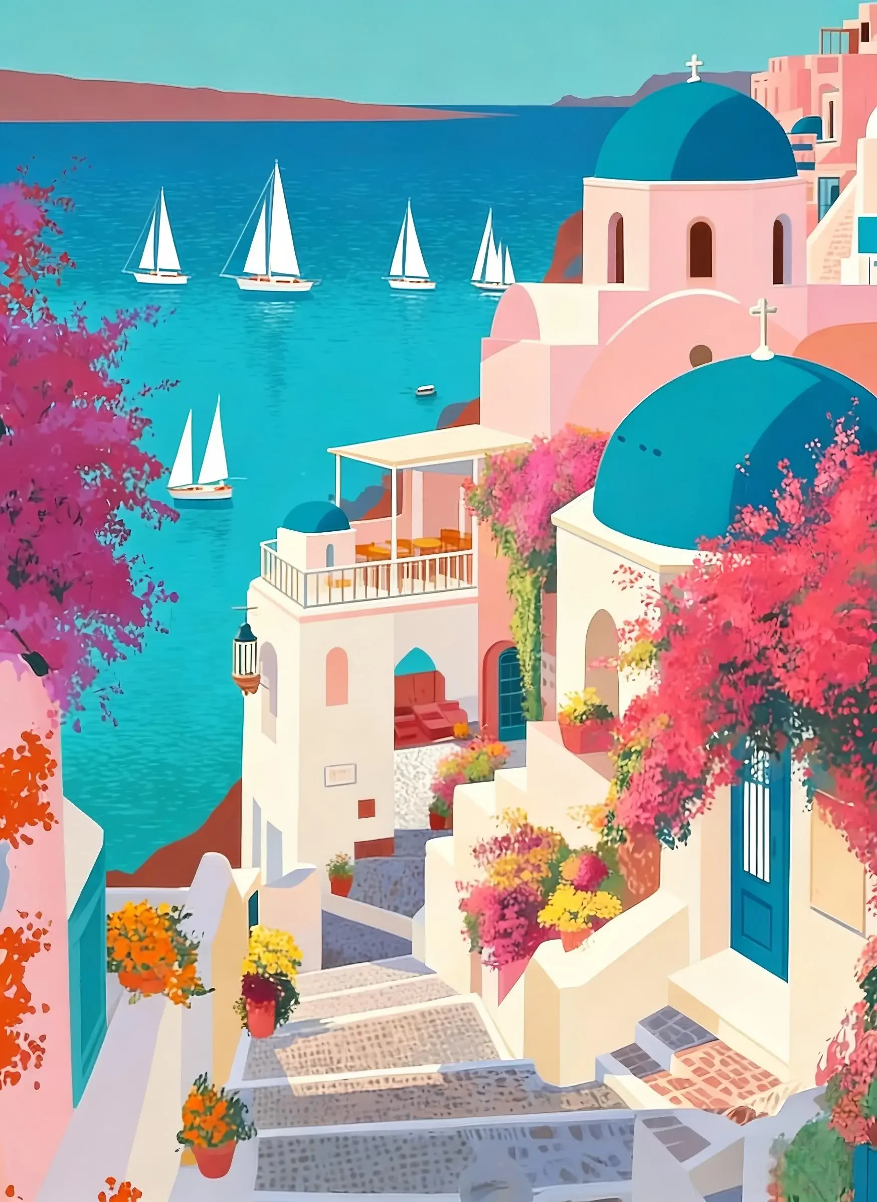 Frameless Canvas Painting 1pc Frameless Santorini Oia Blue Dome Wall Art Canvas, Tropical Beach Scenery With Pink Flowers, Coast