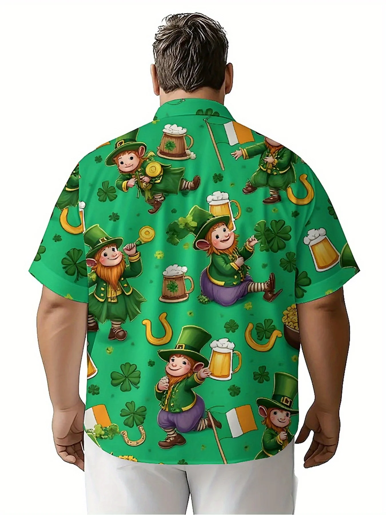 Men's Plus Size Hawaiian Shirts Green Elf and Lucky Clover St. Patrick's Day Pattern, Summer Tops, Outdoor Party, Streetwear