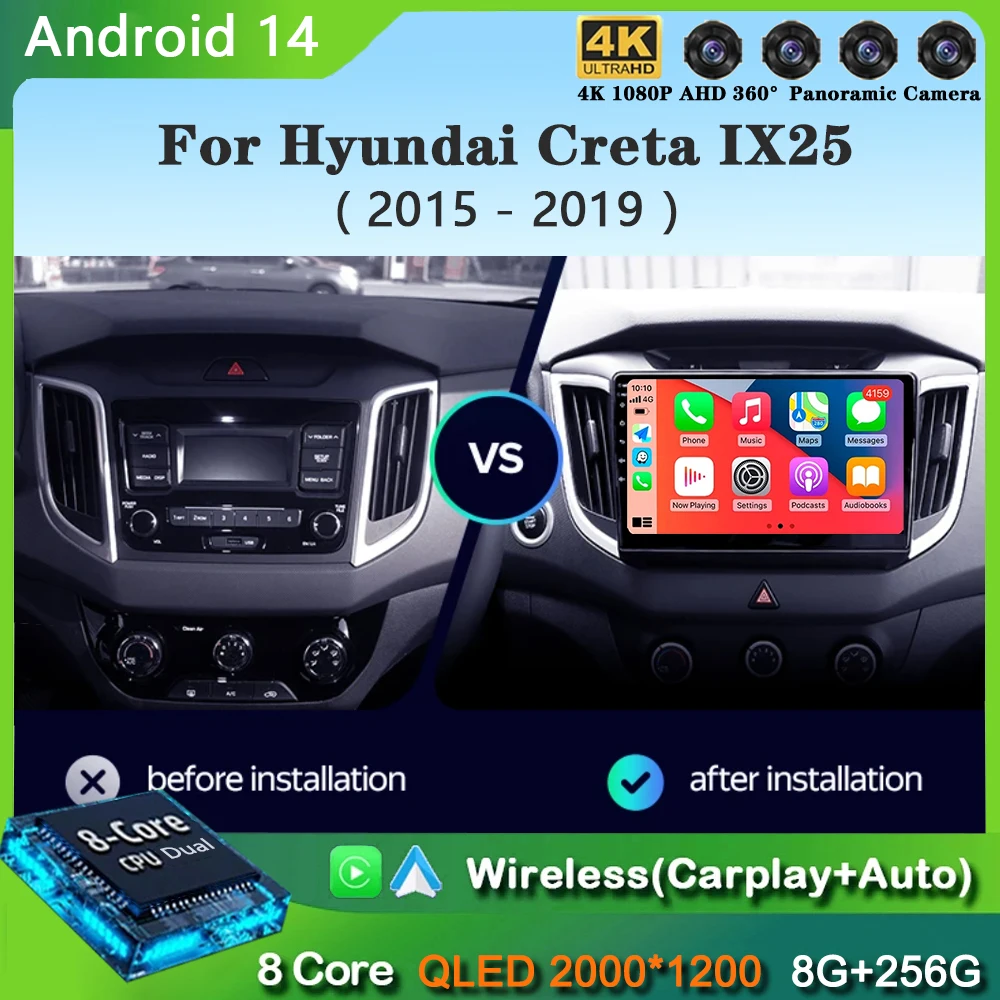 

Carplay WIFI для Hyundai Creta IX25 2015-2019 автомобильный радиоприемник мультимедийный видеоплеер навигационный стерео Android 14 без 2din 2 din DVD