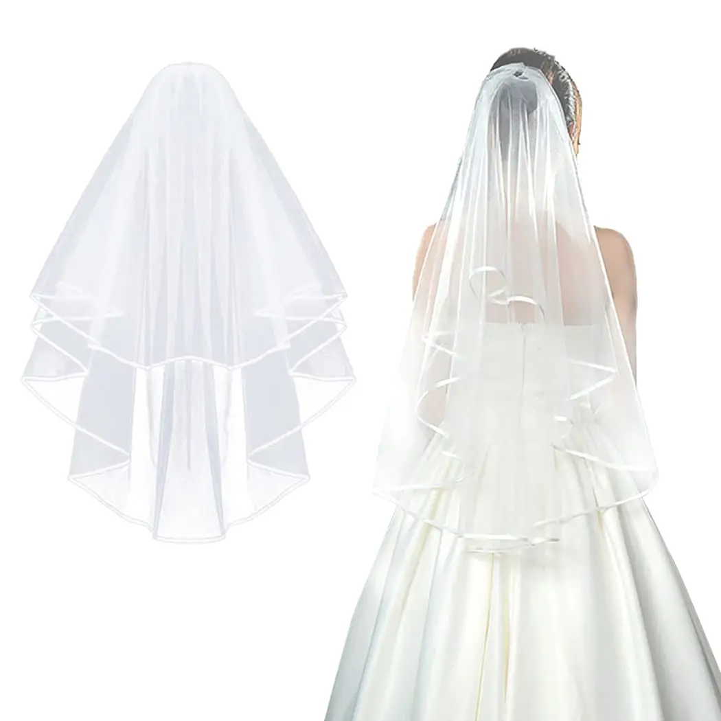 Voile de mariage court en tulle blanc pour femme, bord de ruban avec peigne, costume de fête d'enterrement de vie de jeune fille, patients