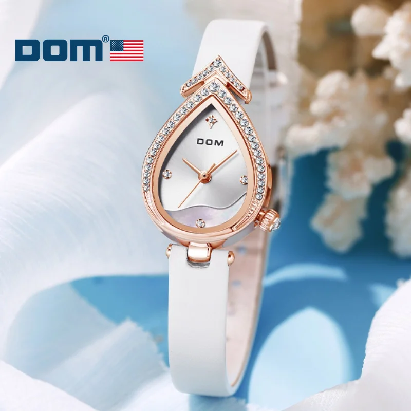 DOM 1538 Mini Quartz Watch Elegant Diamond Droplet shap Leather Women\'s Wristwatches for Ladies Watches Gift Reloj Para Mujer