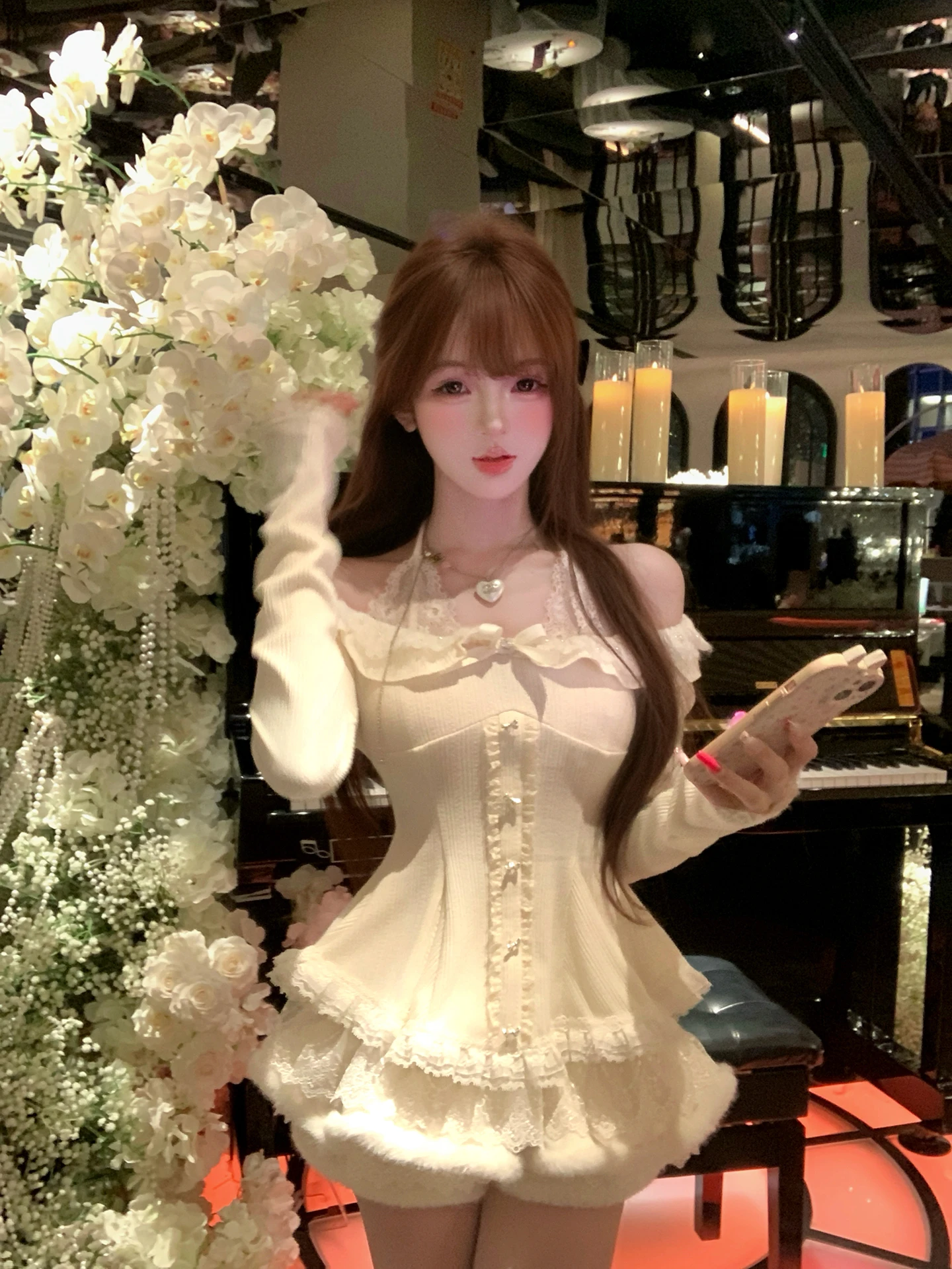 

Rui Winter Faion Set Pure Desire Sle Slimming Design Cry Snowflake Lace ort Cardigan Long Sve Sweater