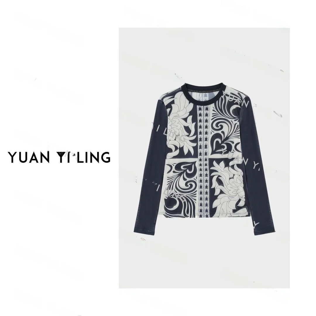 

Женская повседневная футболка с длинным рукавом и круглым вырезом в стиле ретро, синяя, приталенного кроя, для весны и осени