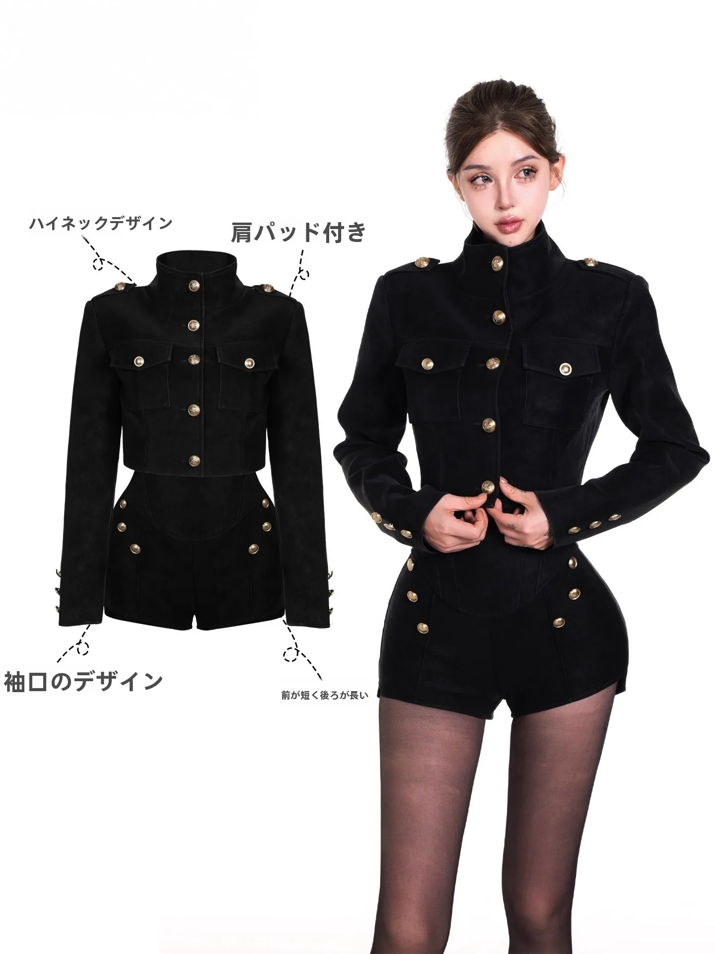 French Style Shoulder Pad Long Sleeve Women's Suit High Waist Short Pants Two-Piece Set Elegant Black Spring Autumn Wear