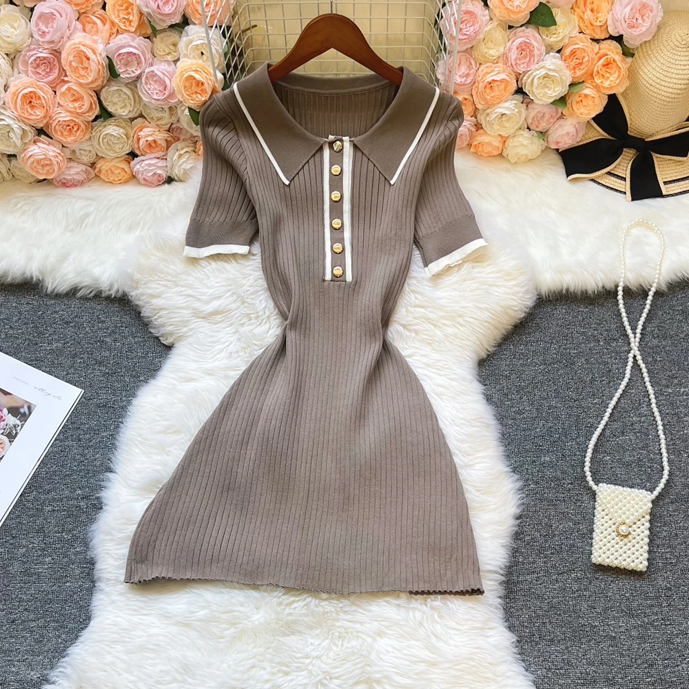 YuooMuoo chique moda sexy pacote quadris malha vestido de verão feminino elegante turn-down colarinho costela malha mini vestido streetwear