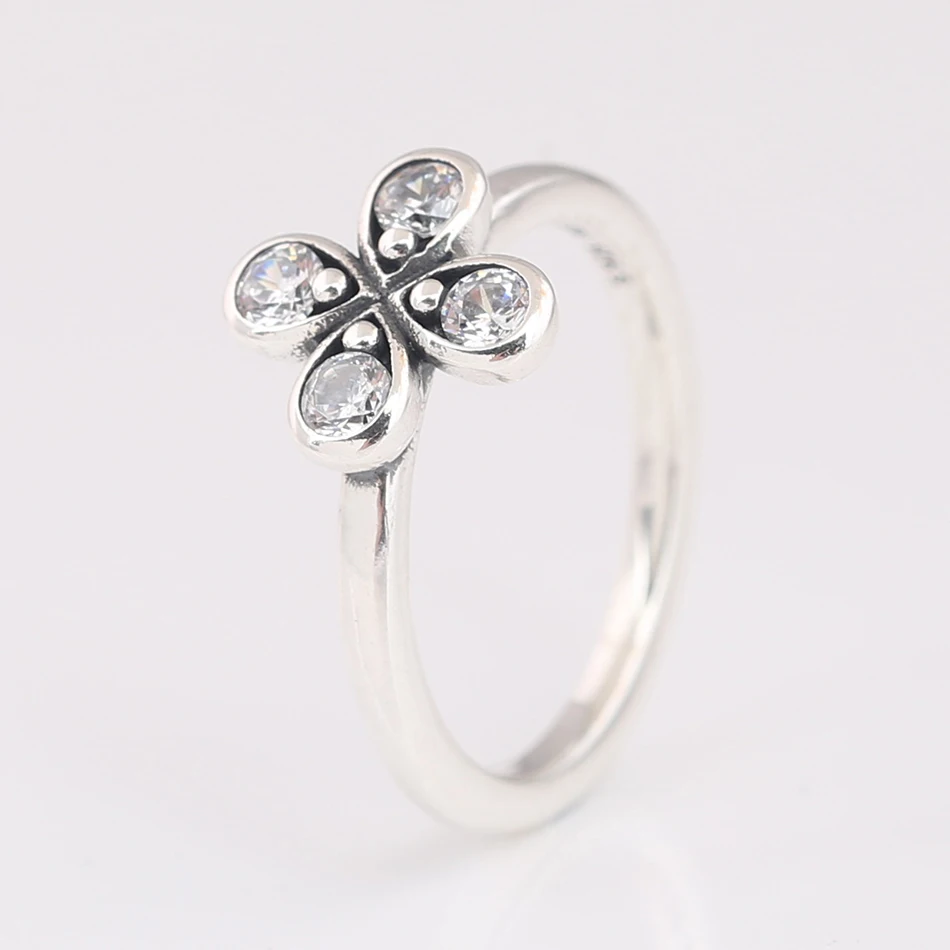 Lucky Clover Four-Petal Flower With Crystal Ring For Women Authentic S925 Sterling Silver Lady Jewelry Girl Birthday Gift