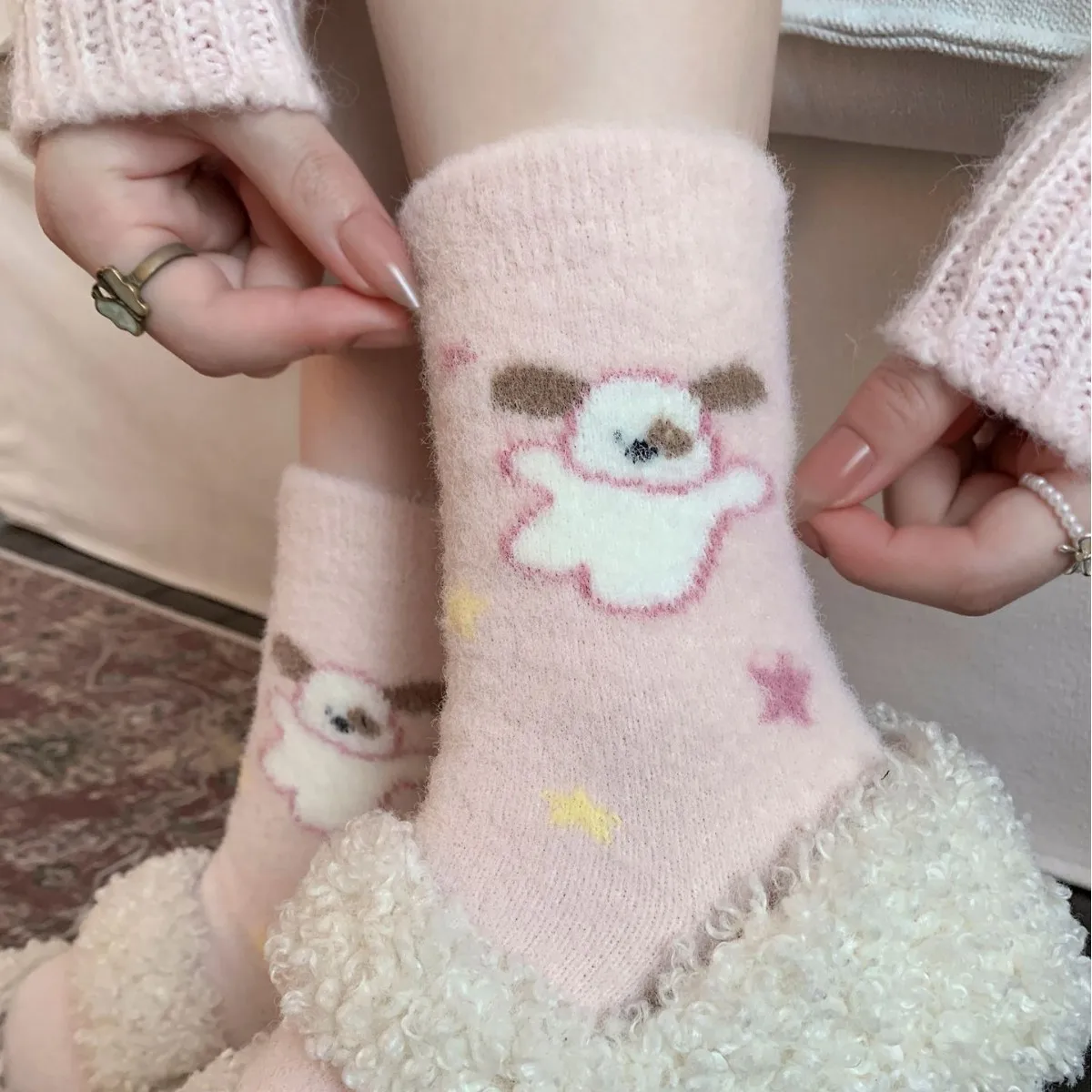 

Winter Thick Pink Puppy Socks Autumn Winter Australian Velvet Warm Sleep Socks Cartoon Cute Home Socks Floor Socks