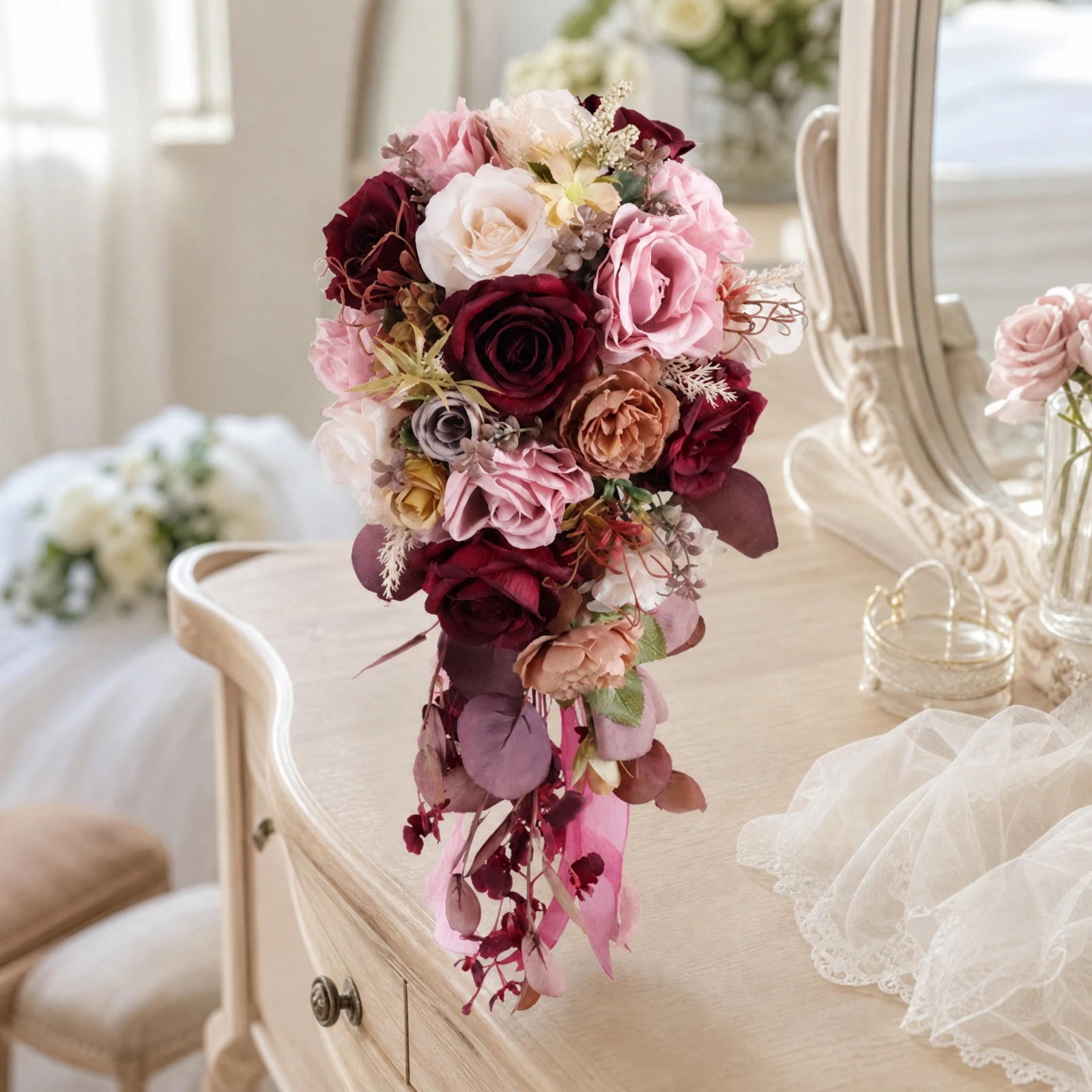 Flower Arrangement Photography Prop Cascading Bridal Hand Bouquet for Brides, Keepsake Display