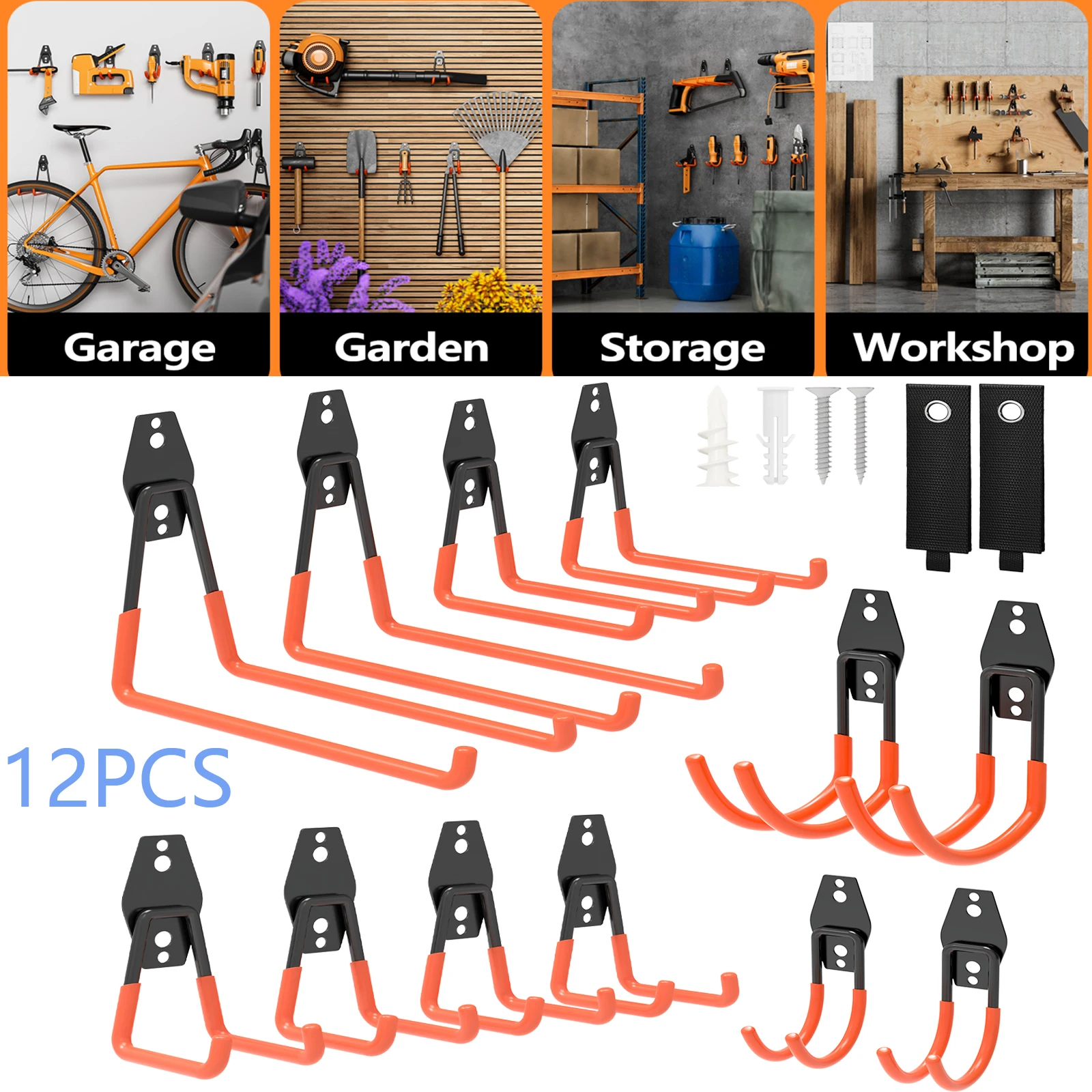 12 teile Wandhaken Set schwer last Garagenhaken Wandmontage Aufbewahrungshaken Werkzeughalter aus Stahl mit Kabelhalter für Garage Werkstatt Garten Schuppen