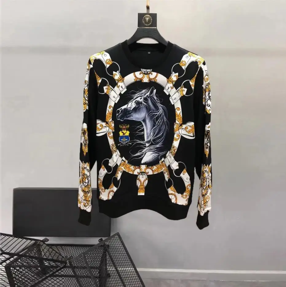 

Europe and the United States men's 2024 winter new Round neck Long sleeve studded beaded horse chain printing Fashion hoodie