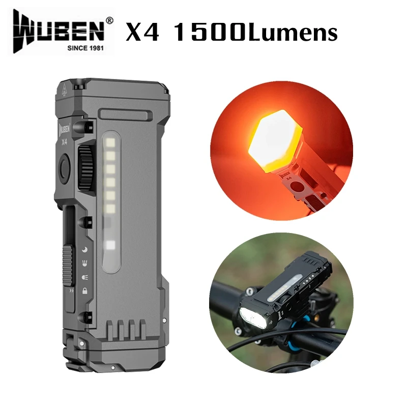 

WUBEN X4 RGB Flashlight Rechargeable EDC Waterproof Portable Multi Functional Torch 1500Lumens Bike Light With 3400mAh Battery