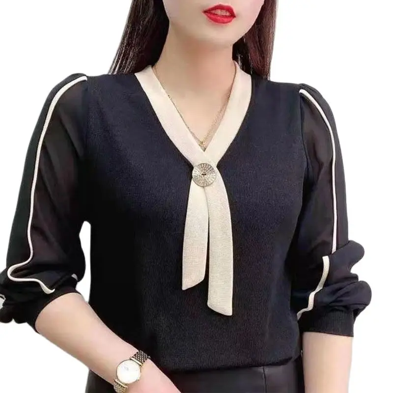 2022 Casual Bright Line Solid Color Decoration T-shirt Bow Fashion Drawstring Button V-Neck Female Clothing Knitted Pullovers