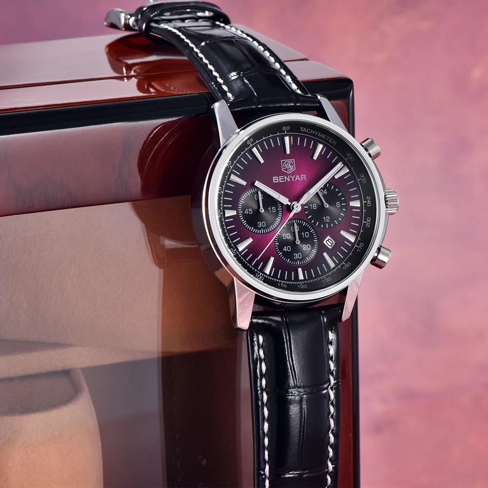 

Benyar 2025 Новые роскошные спортивные кварцевые часы 46 мм LD53 с хронографом, модные кожаные часы в стиле милитари, мужские часы из нержавеющей стали