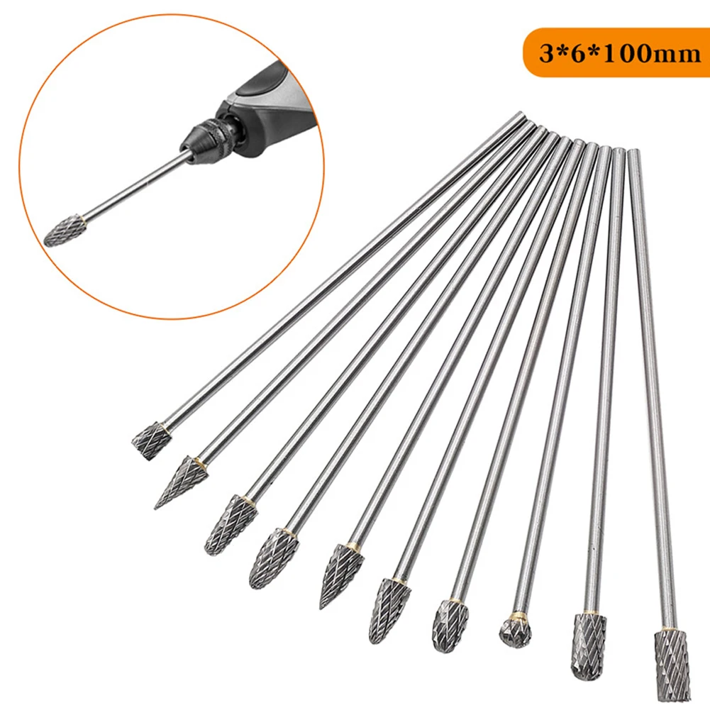 

10PCS Rotary Burrs Set with 3x6x100mm Carbide Heads for Use with Rotary Tools in Metalwork Wood Carving and Jewelry Crafting