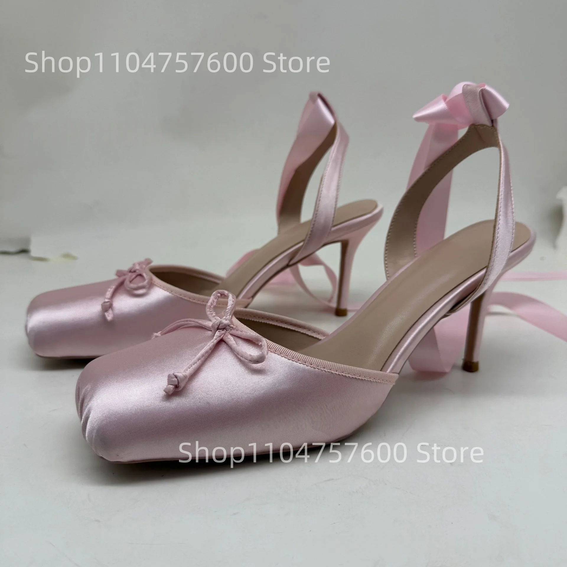 

2025 New Women's Wrap Toe Ballet Shoes Square Toe Stiletto Heels Ankle Strap Bow Elegant Retro Ladies Large Size Shallow Shoe
