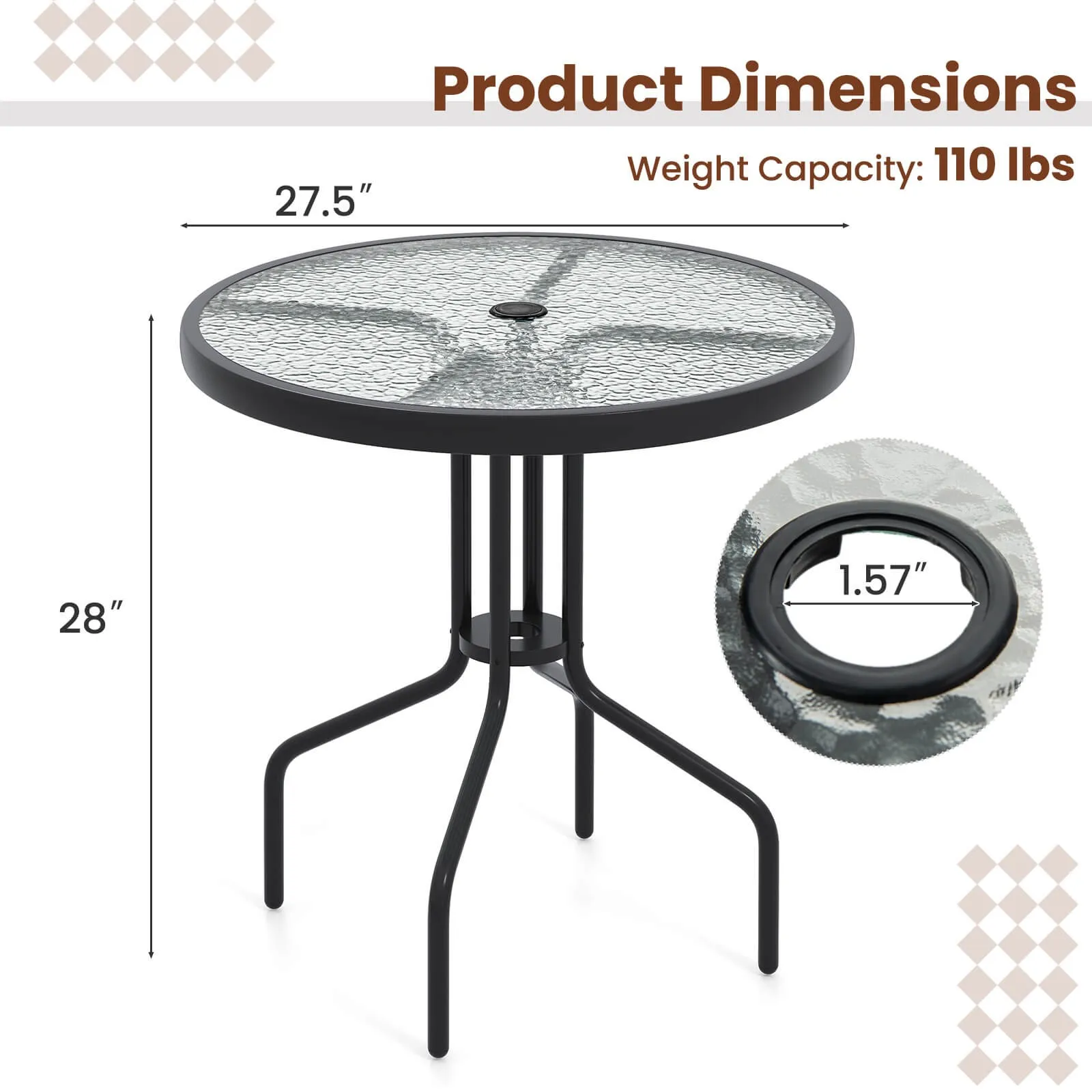 27.5" Patio Bistro Table with Tempered Glass Tabletop 1.57" Umbrella Hole