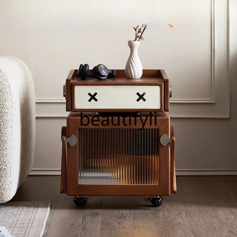 

Retro all-solid wood chest cabinet Cherry wood bedside table Movable rotating cute cute robot locker