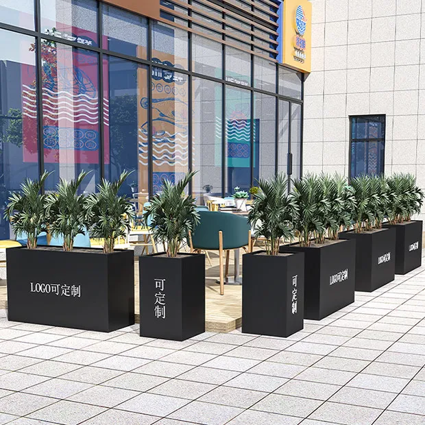Outdoor wrought iron and stainless steel flower box combination fence, suitable for commercial streets, rectangular flower pots,