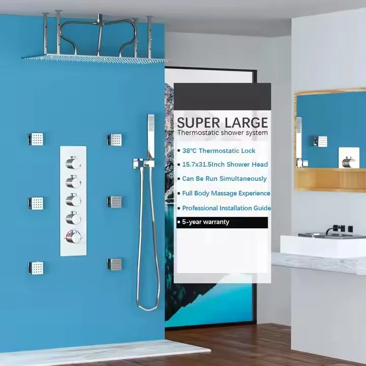 Bathroom Luxury Shower System 32*16inch Rainfall & Mist Showerhead Ceiling Mount Thermostatic Shower Faucet Set
