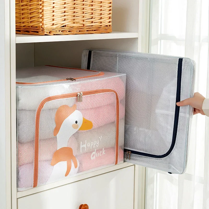 

Cartoon Clothes Storage Box Transparent Grid Steel Frame Storage Organizer Toy Blanket Breathable Bedding Basket With Handles