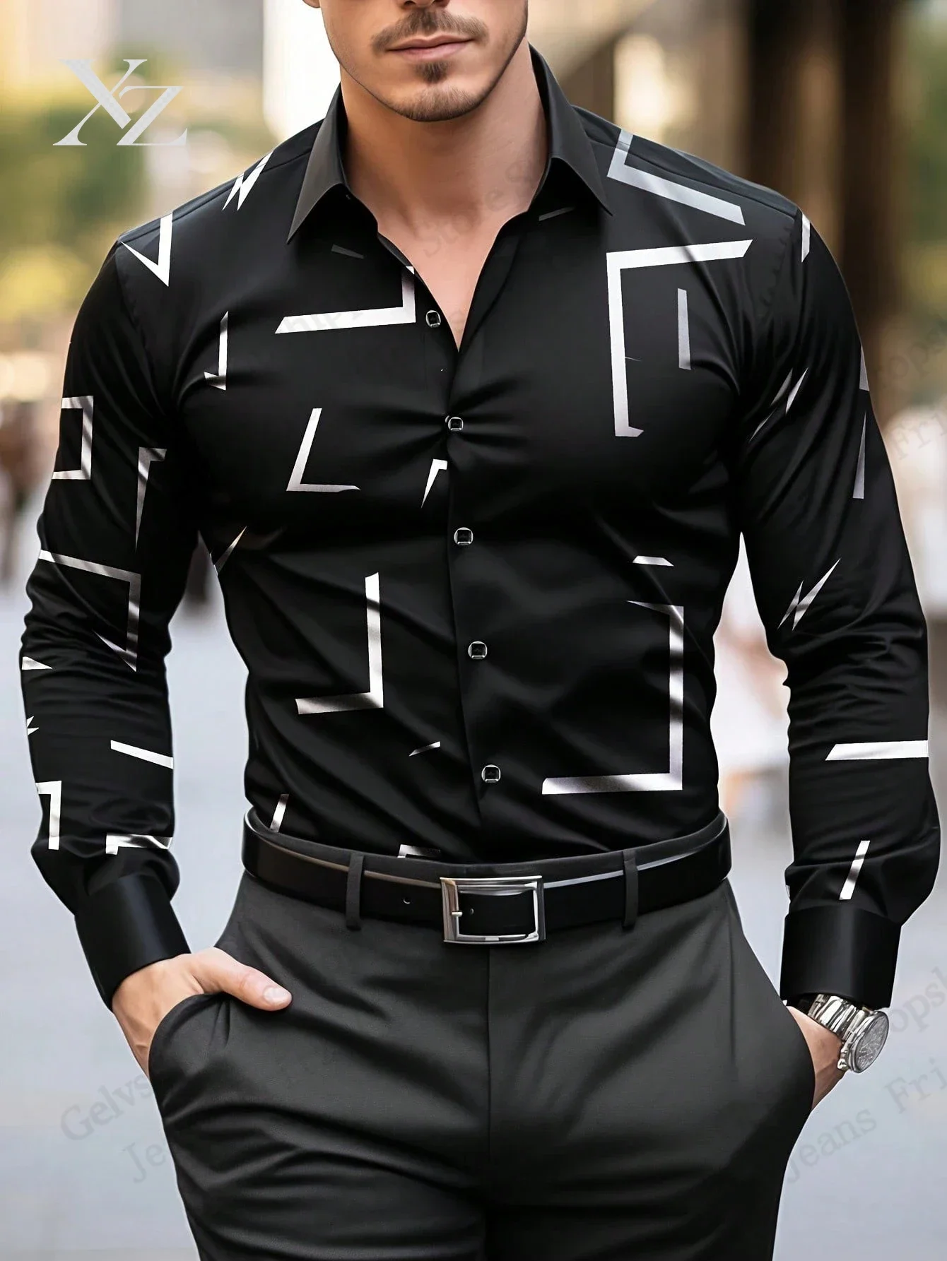 Mens Formal Business Long Sleeve Geometric Single-Breasted Shirt Lines 3d Print Graphic Shirt Men Fashion Hawaiian Office Blouse