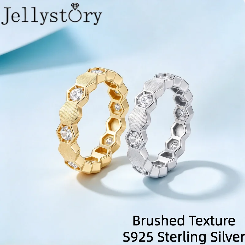 Jellystory Honeycomb Moissanite Ring D Color 8pcs Round S925 Silver Hexagon Geometric Band Brushed Texture Wedding Jewelry Gift