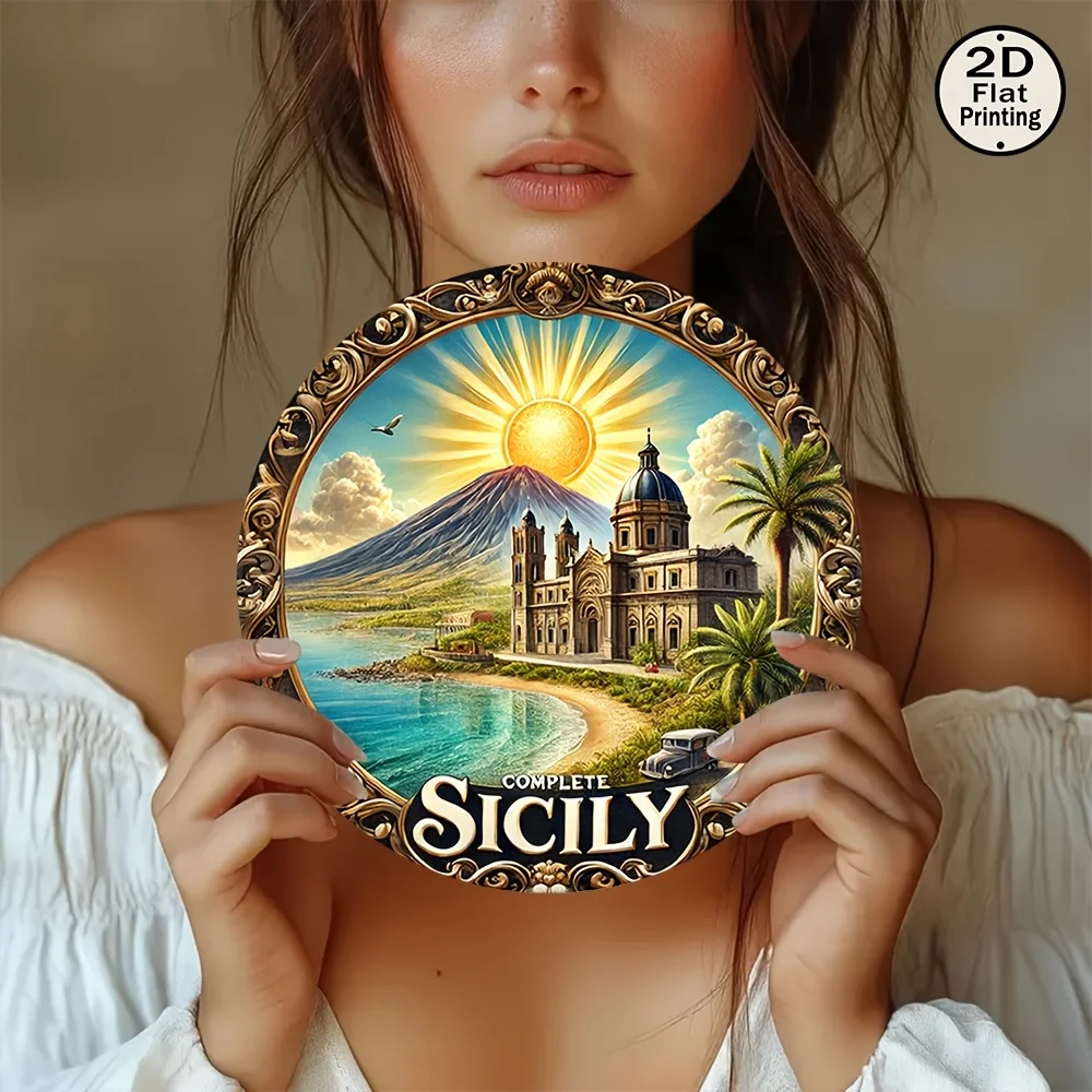 CIFBUY Retro Vintage Sicily Sunset Beach Palm Tree Church Volcano Scene Aluminum Wall Art Waterproof Durable Metal Sign for Home