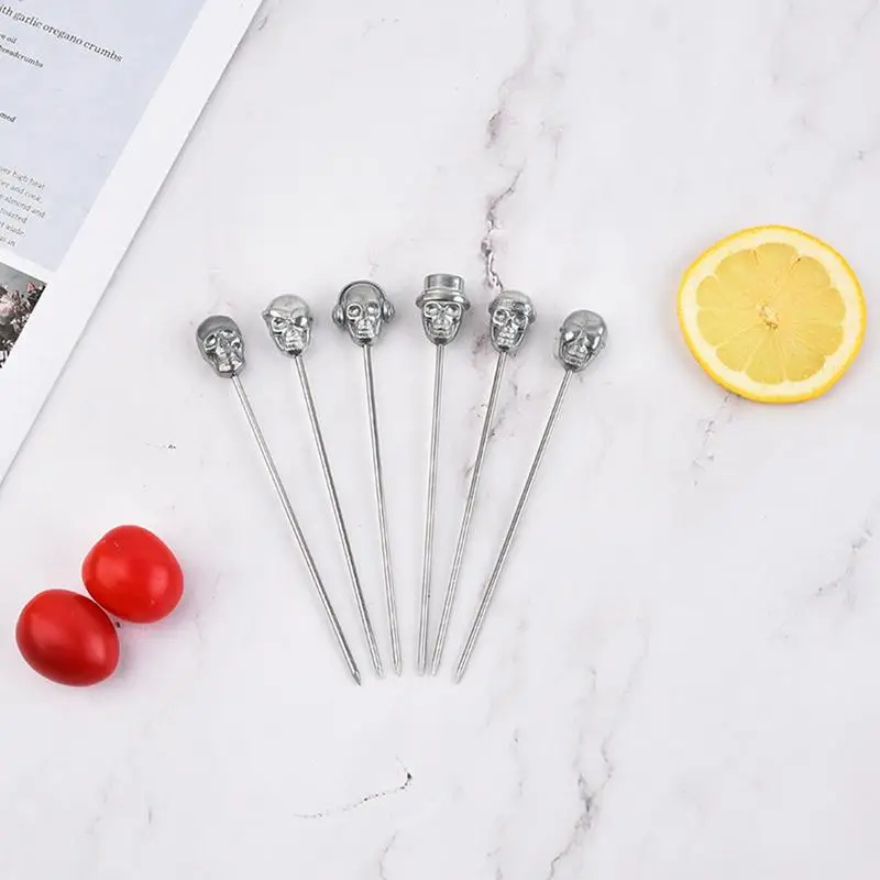 6pcs Cocktail Picks Skull Cocktail Picks Martini Picks Stainless Steel Reusable Olive Picks Garnish Skewer Silver Fruit