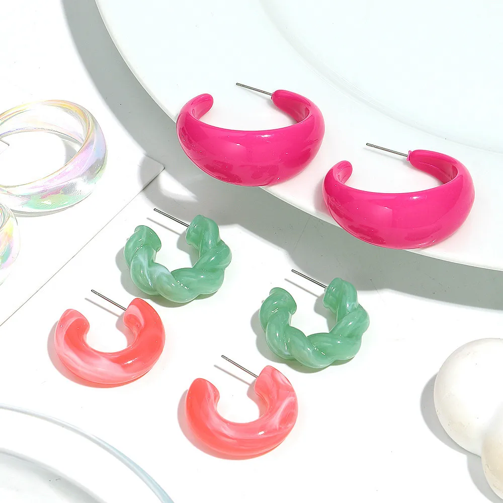 Korean Fashion 3Pair C-Shaped Acrylic Earrings for Women Retro Colorful Resin Circle Ear Hoops Boho Jewelry Set Birthday Gifts