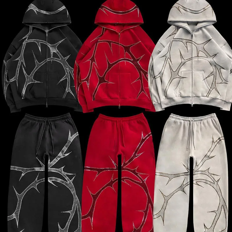 2024 Cross-border foreign trade new street hoodie for men and women hot drill zipper European and American hoodie set