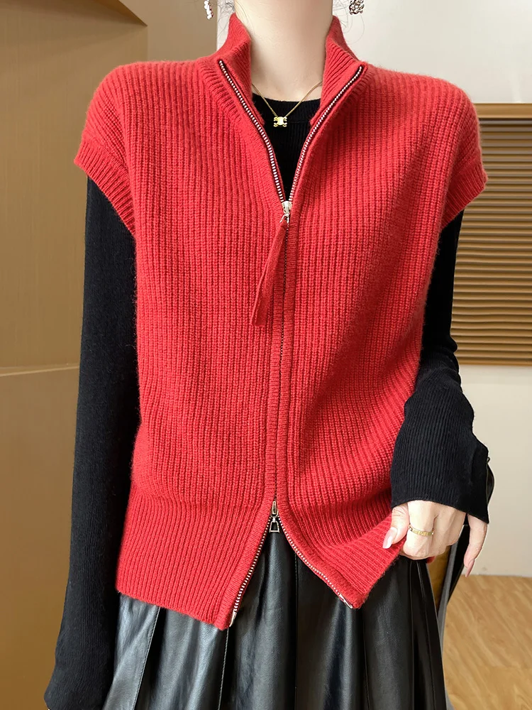 2024 New Women Zipper Waistcoat  100% Merino Wool Vest Sweater Sleeveless Cardigan Autumn Winter Cashmere Knitwear Korean Top