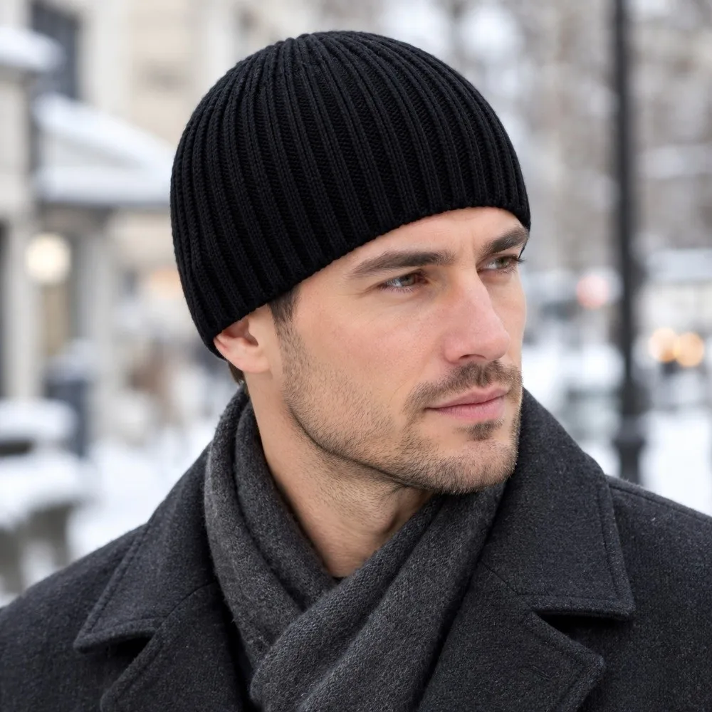 Soft Striped Knitted Beanie Thermal Lightweight Short Crochet Landlord Cap Windproof Solid Color Warm Men Cap Fall Winter