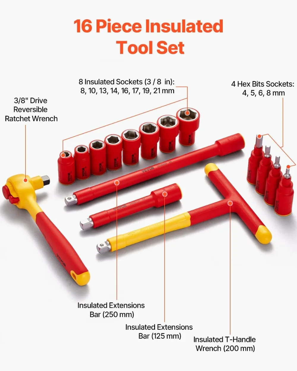 

16-Piece 1000V Insulated Socket Wrench Set, VDE Certified Electrician Tools for Home Repair