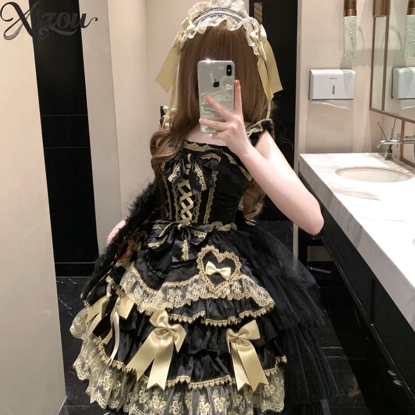 Women Gothic Lolita JSK Dress Train Lace Bow Corset Waist Tiered Ruffle Heart Headband Elegant Doll Sweet Princess Cosplay Set