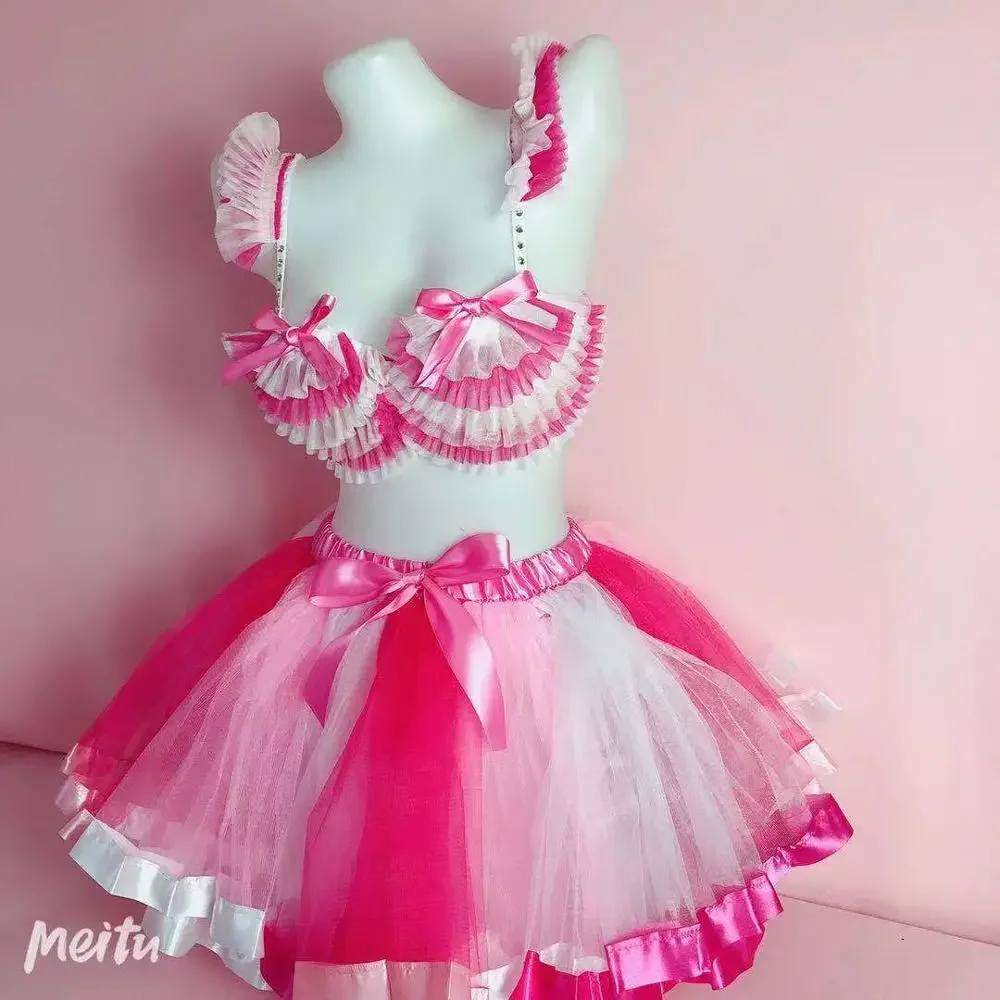 Feminino rosa biquíni mini saia conjunto sexy equipe de dança gogo outfit bar boate festa palco wear dançarino cantor desempenho traje b