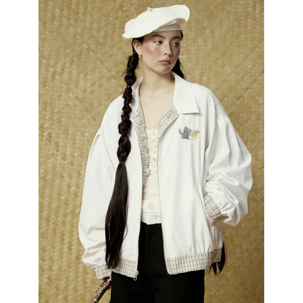 

Sweet Girls Double Sided Wearable Jacket Men Streetwear Loose Plaid Splice Lace Casual Cargo Jacket Bomber Coat Outerwear