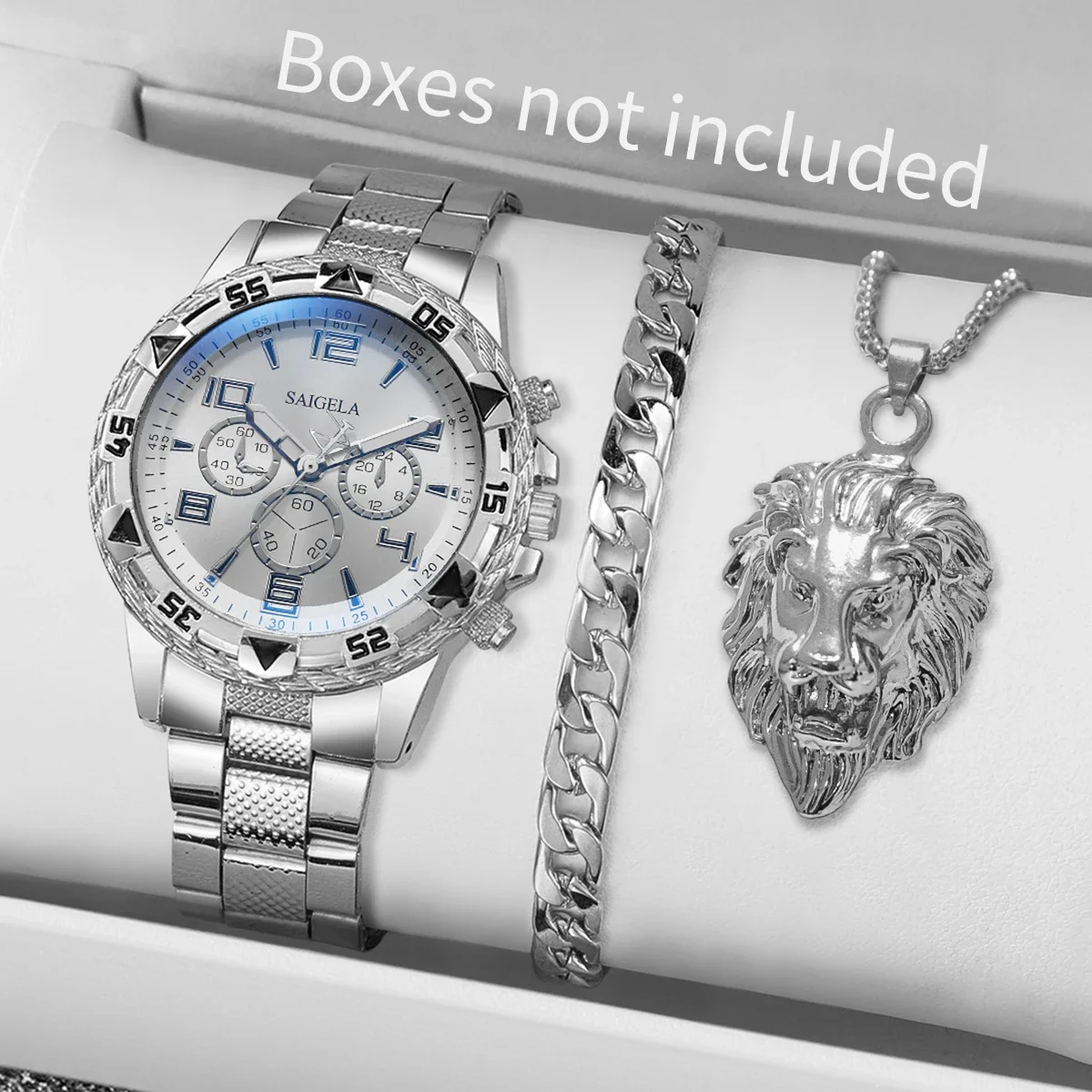 Pulseira de aço relógios para homens، Mostrador العربية، conjunto dejoias sem caixa، مودا، 3 قطع por conjunto #1