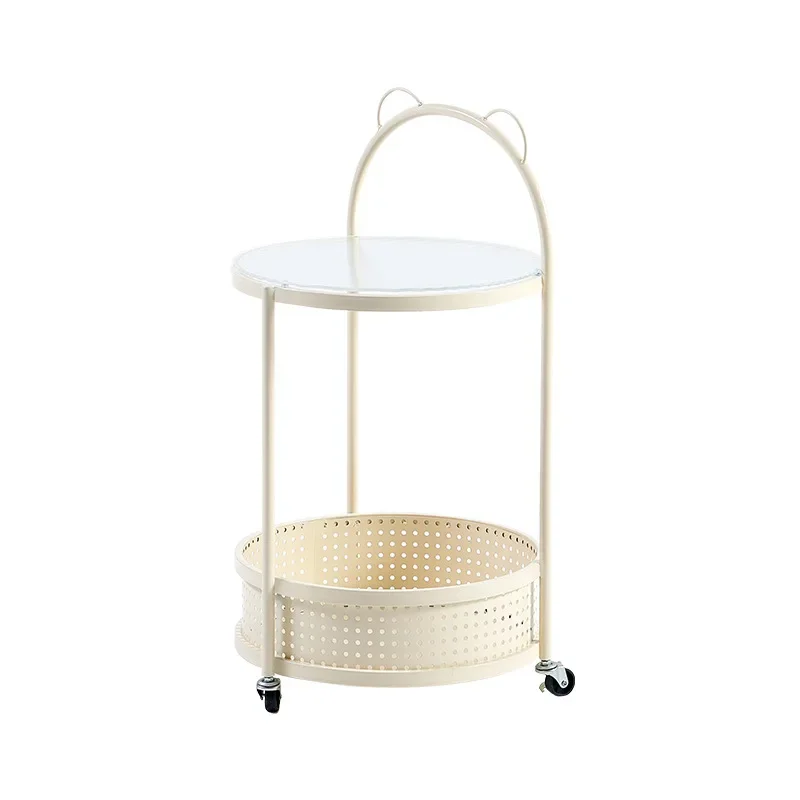 

A few trolleys next to the cream wind sofa in the living room, household double-layer wrought iron table