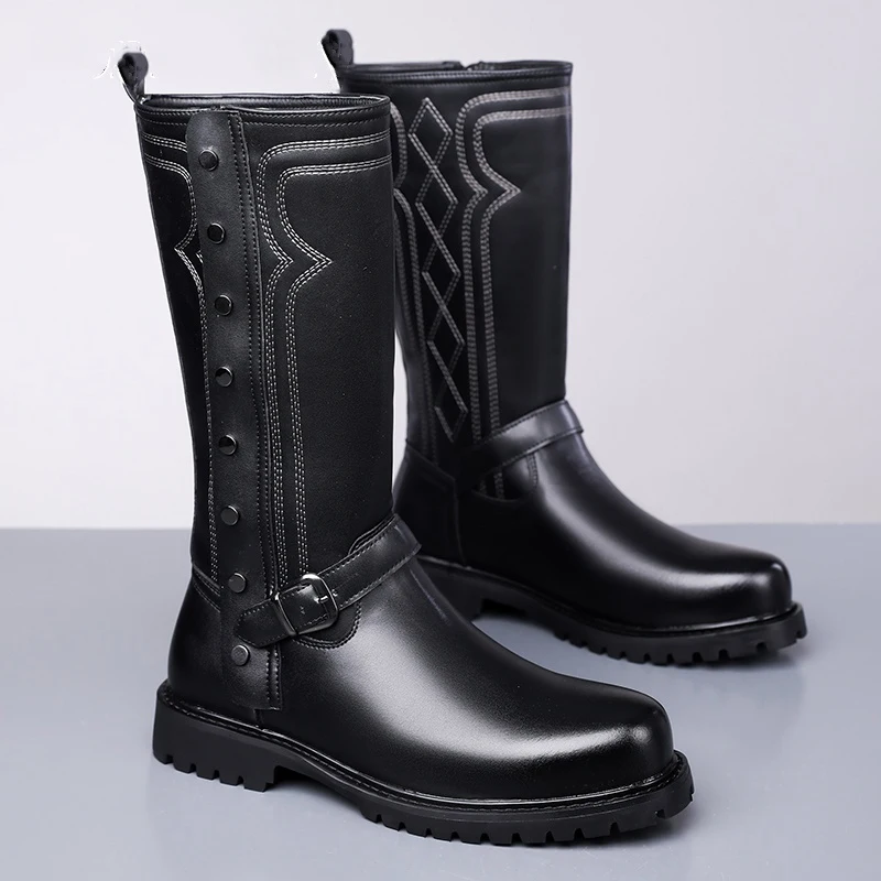 

Мужские модные панк-готические высокие ботинки большого размера, черные дизайнерские ковбойские ботинки из натуральной кожи, стильные длинные мотоциклетные ботинки для мужчин