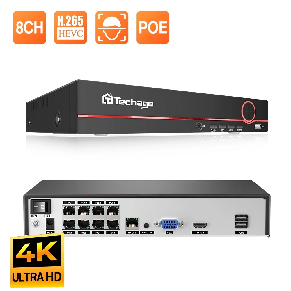 Techage H.265 8CH 4K 2K POE NVR Security Surveillance Network Video Recorder Up to 16CH For CCTV System POE IP Camera Recorder